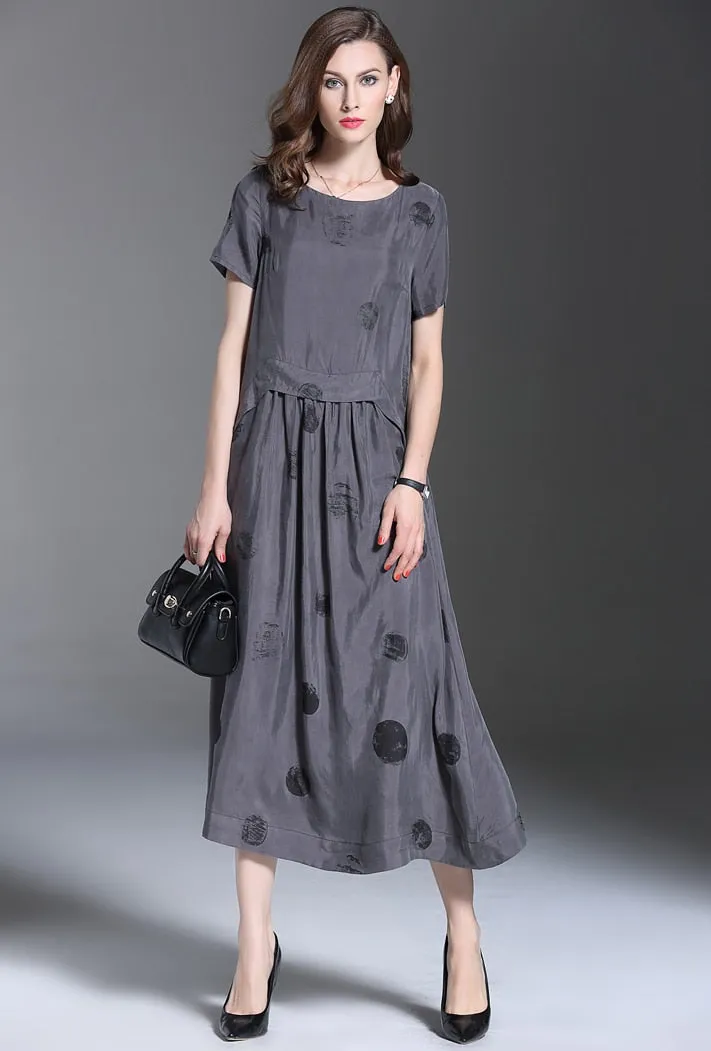 Vintage Summer Short Sleeve Large Sewing Copper Silk Dress Women Grey Black Polka Dot Long Dress Elegant roupas feminina