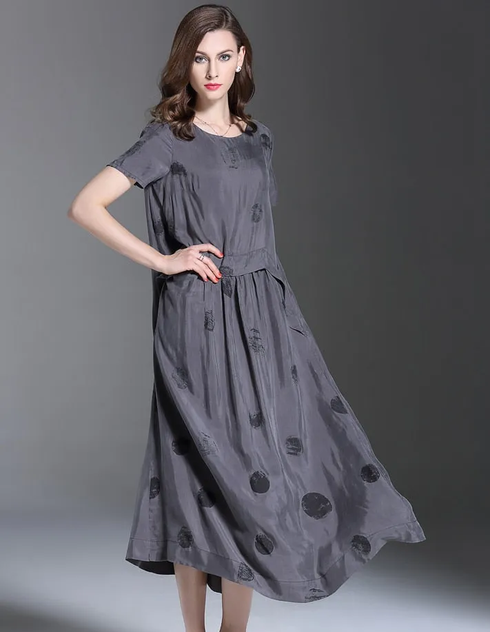Vintage Summer Short Sleeve Large Sewing Copper Silk Dress Women Grey Black Polka Dot Long Dress Elegant roupas feminina