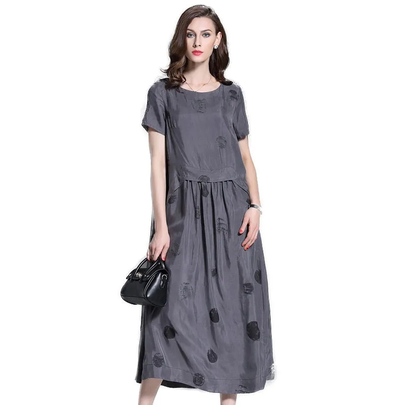 Vintage Summer Short Sleeve Large Sewing Copper Silk Dress Women Grey Black Polka Dot Long Dress Elegant roupas feminina