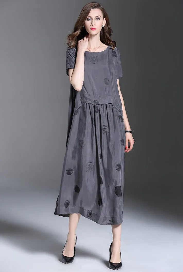 Vintage Summer Short Sleeve Large Sewing Copper Silk Dress Women Grey Black Polka Dot Long Dress Elegant roupas feminina