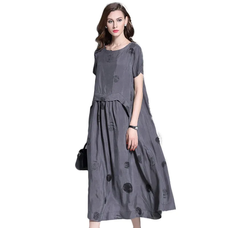 Vintage Summer Short Sleeve Large Sewing Copper Silk Dress Women Grey Black Polka Dot Long Dress Elegant roupas feminina