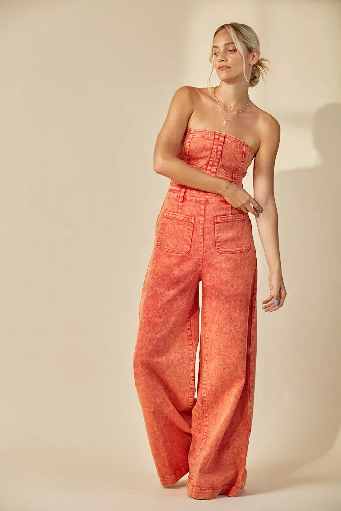 Vintage Sunset Red Strapless Wide Leg Denim Jumpsuit *RESTOCK