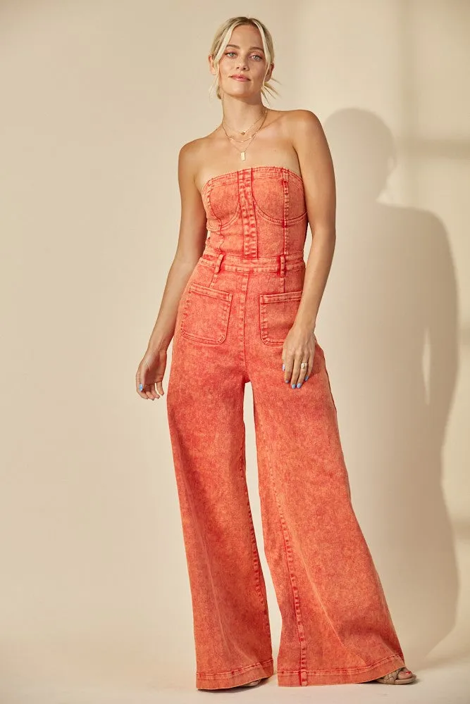 Vintage Sunset Red Strapless Wide Leg Denim Jumpsuit *RESTOCK