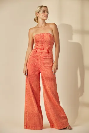 Vintage Sunset Red Strapless Wide Leg Denim Jumpsuit *RESTOCK