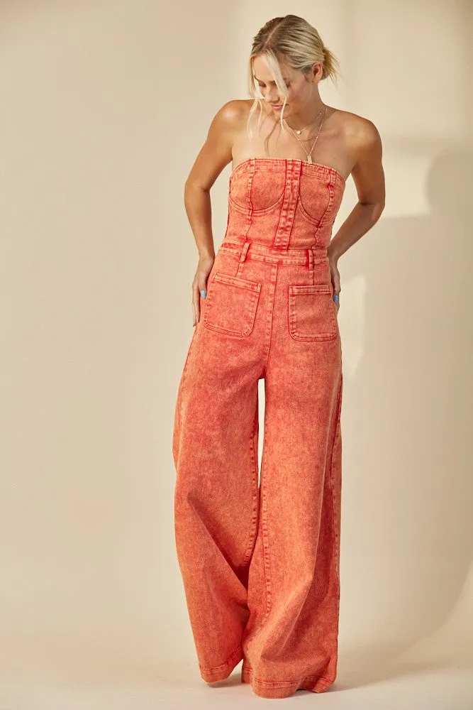 Vintage Sunset Red Strapless Wide Leg Denim Jumpsuit *RESTOCK
