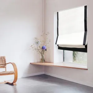 White Linen with Black Border Flat Roman Shade