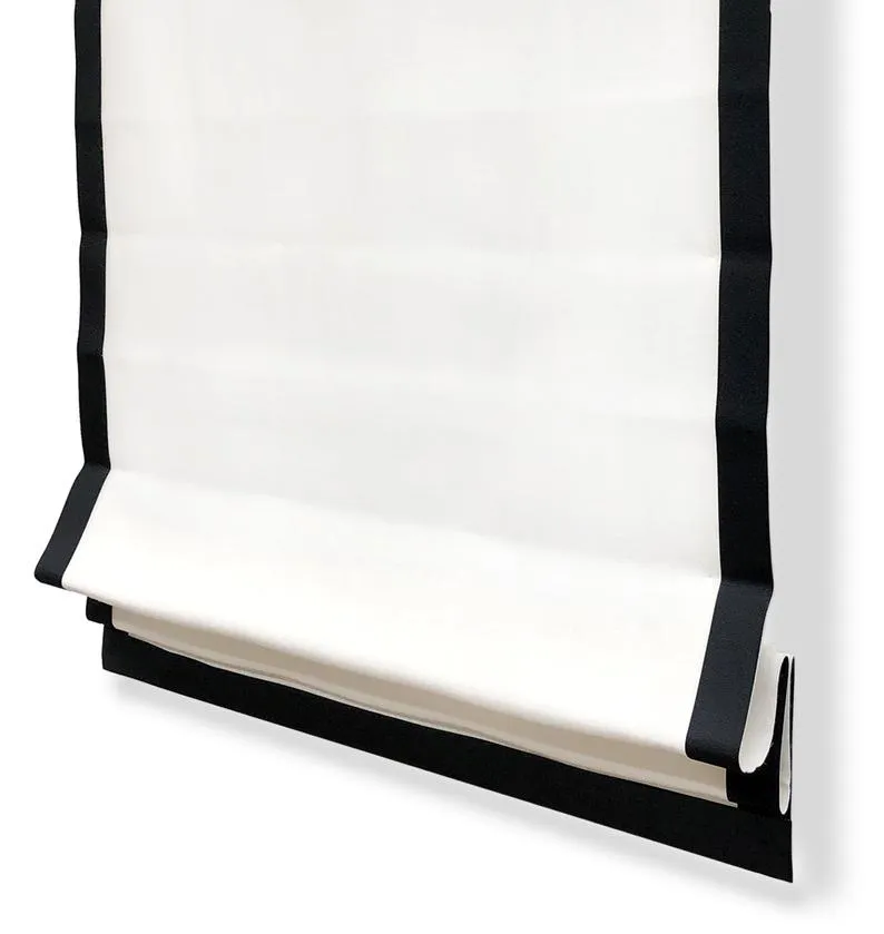 White Linen with Black Border Flat Roman Shade