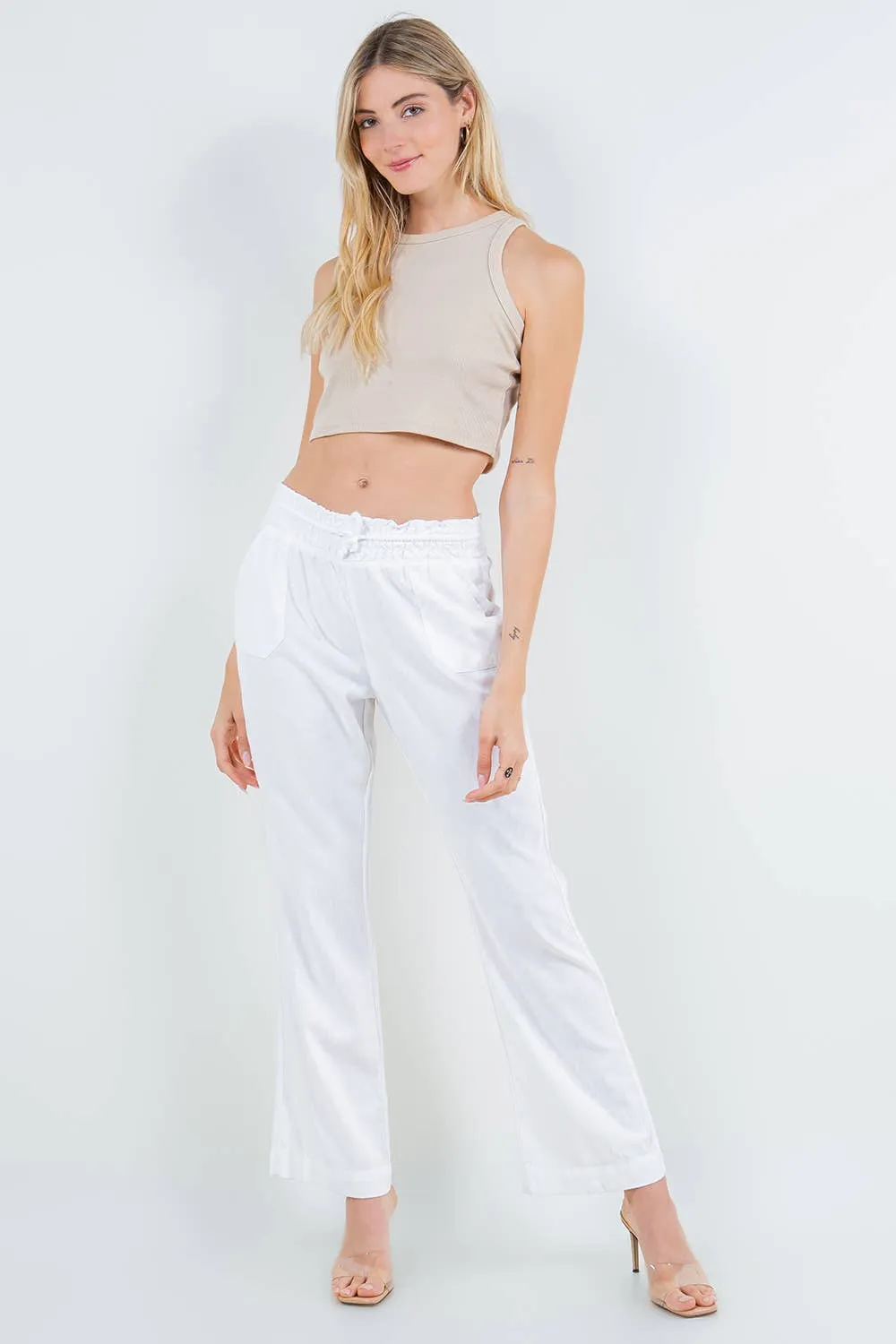 White Oceanside Linen Blend pull up Pants