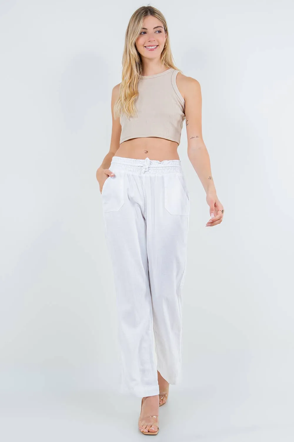 White Oceanside Linen Blend pull up Pants