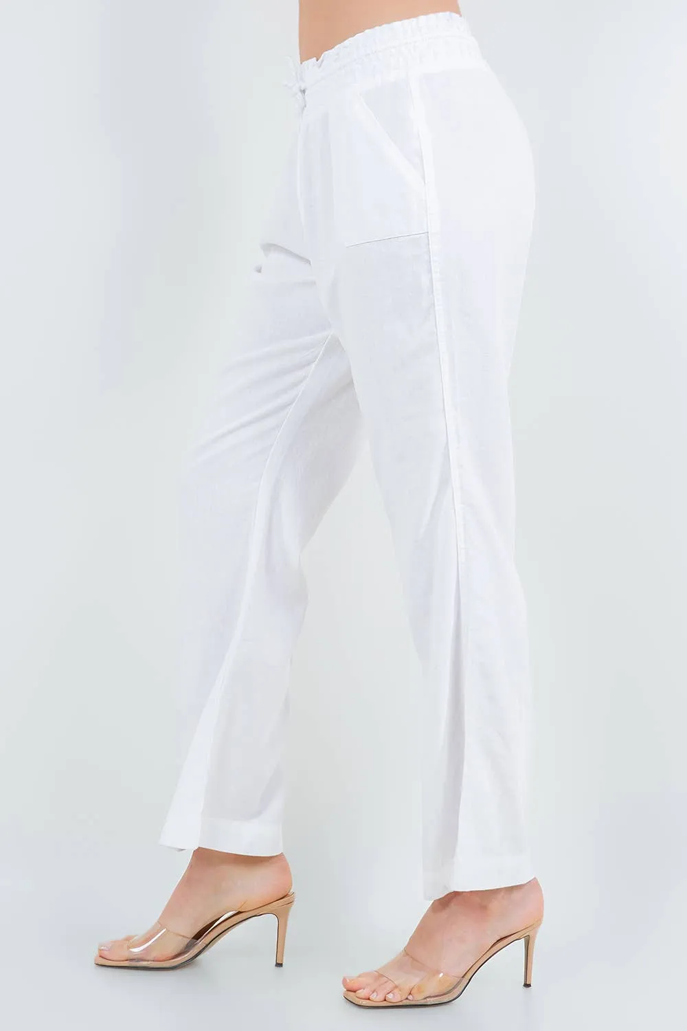White Oceanside Linen Blend pull up Pants