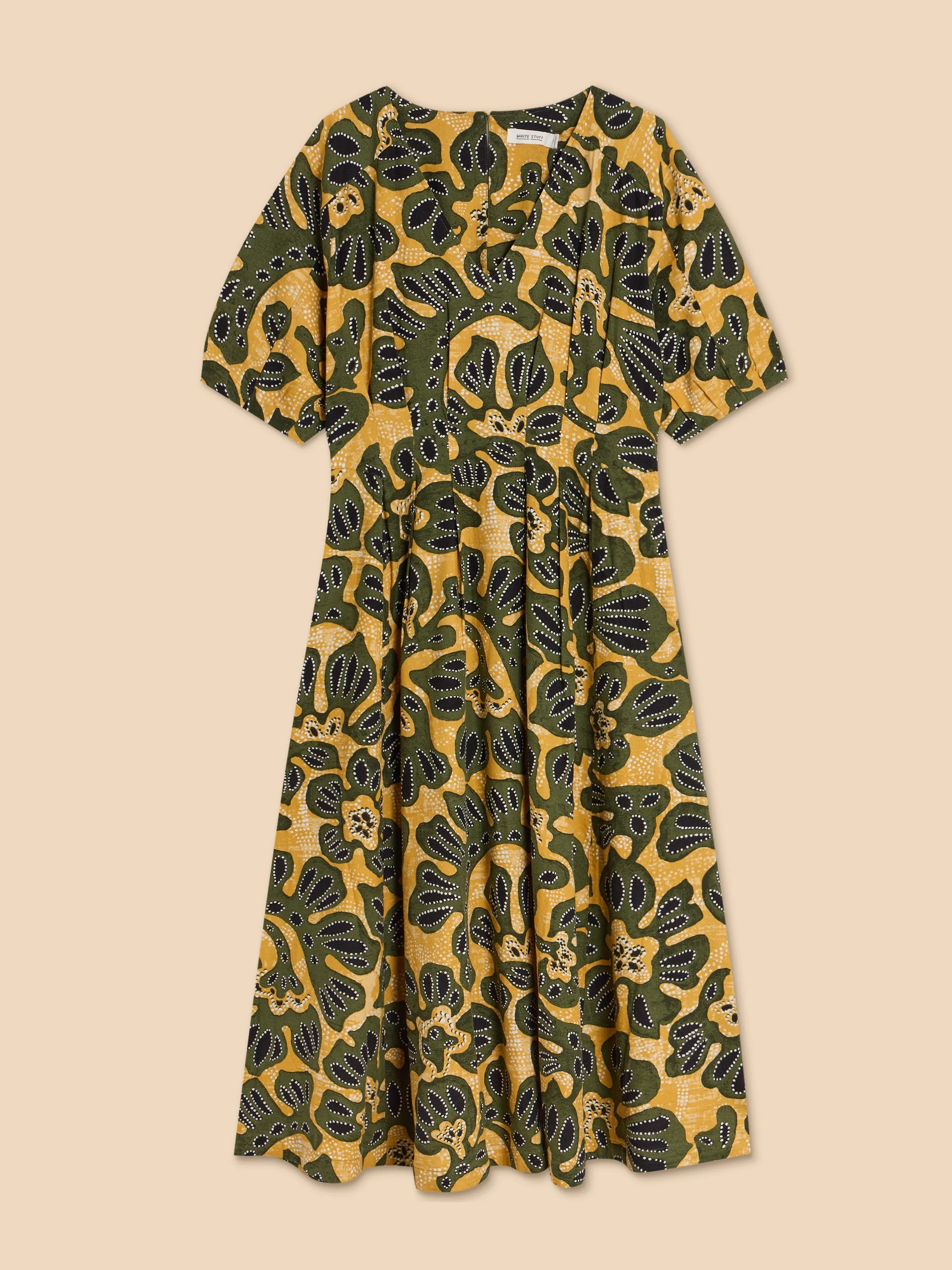 White Stuff UK Kate Linen Blend Dress Chartruese Print