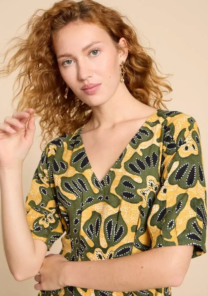 White Stuff UK Kate Linen Blend Dress Chartruese Print