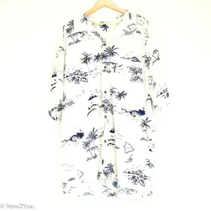 White with Navy Hawaiian Print Button Up Shirt