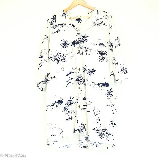 White with Navy Hawaiian Print Button Up Shirt