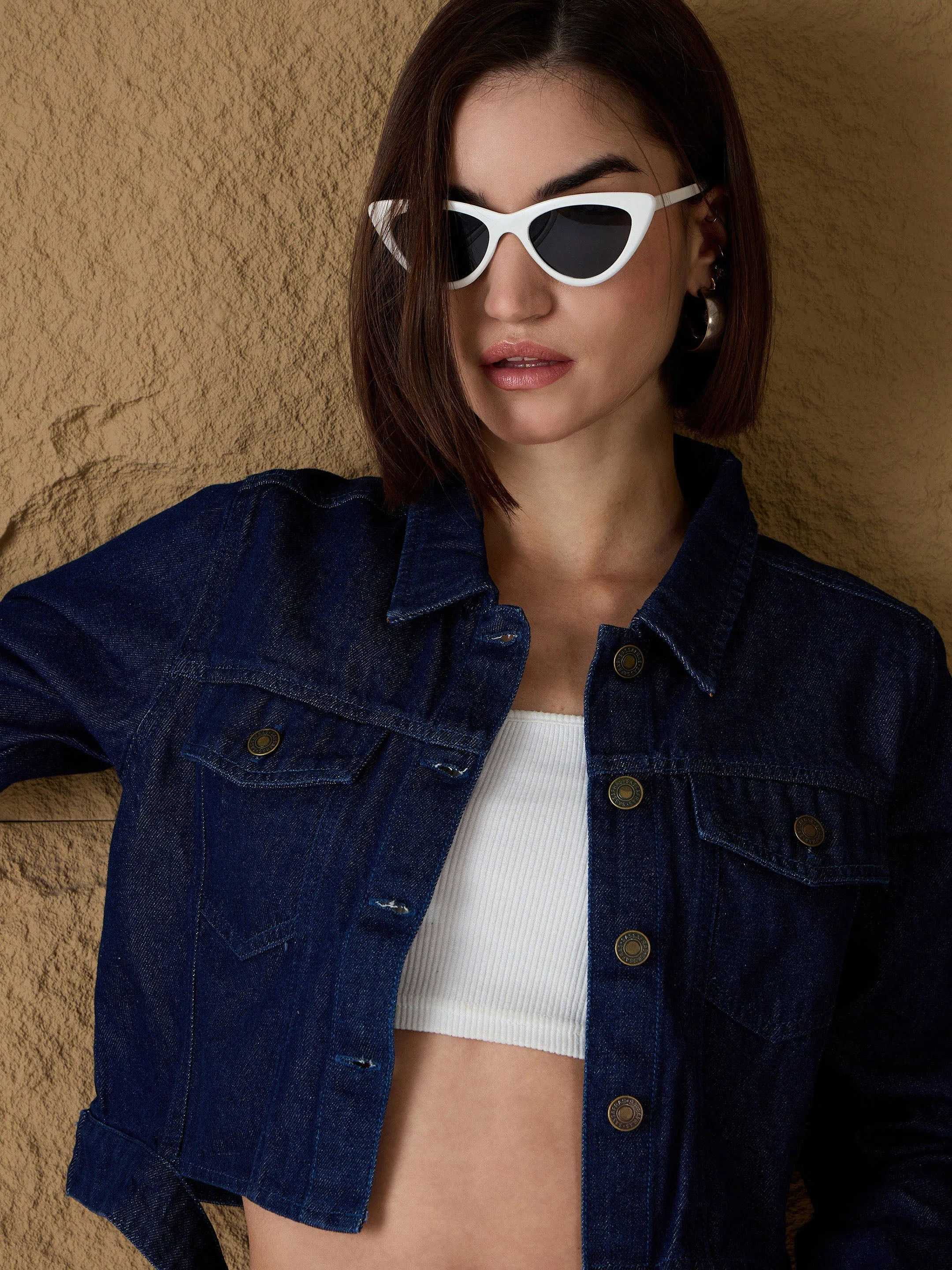 Women Blue Denim Belted Jacket
