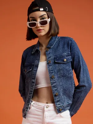 Women Navy Washed Denim Regular Jacket