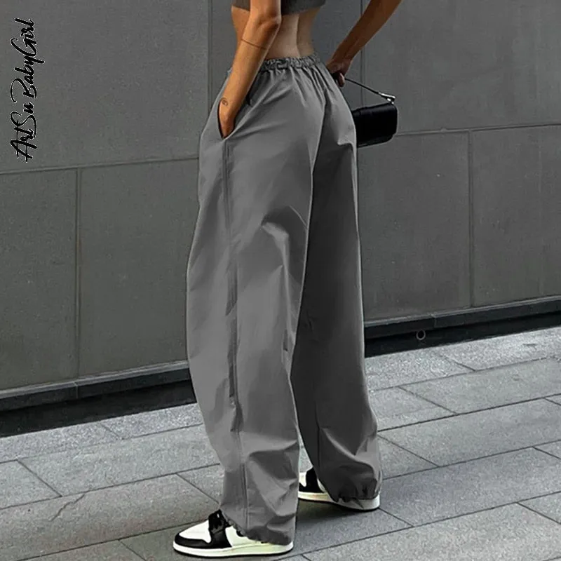Women's Loose Low Waist Cargo Pants Loose Drawstring Trousers